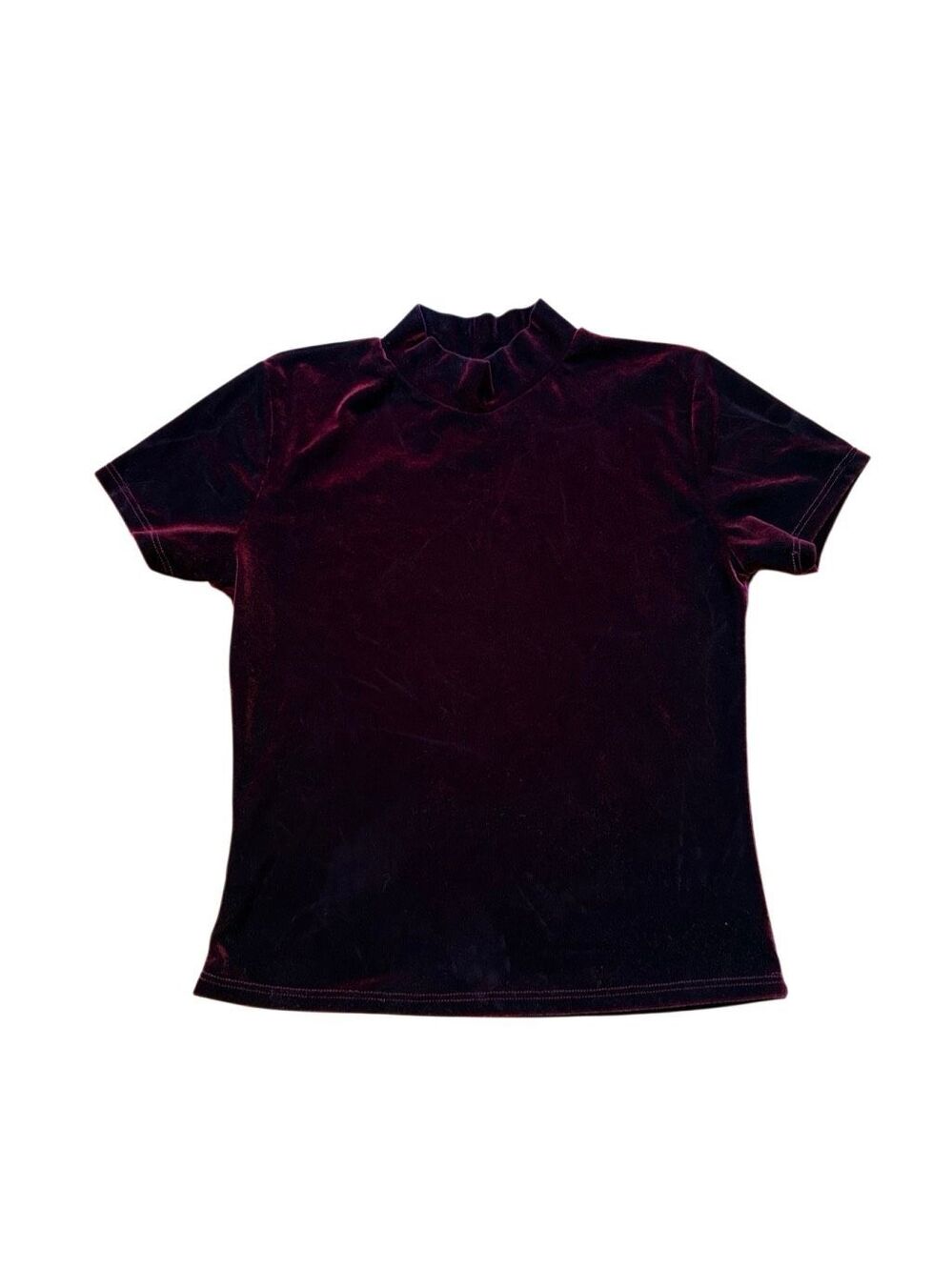 Y2K Vintage Rushed Velvet Mock Neck Baby Tshirt Burgundy Oxblood Red Large